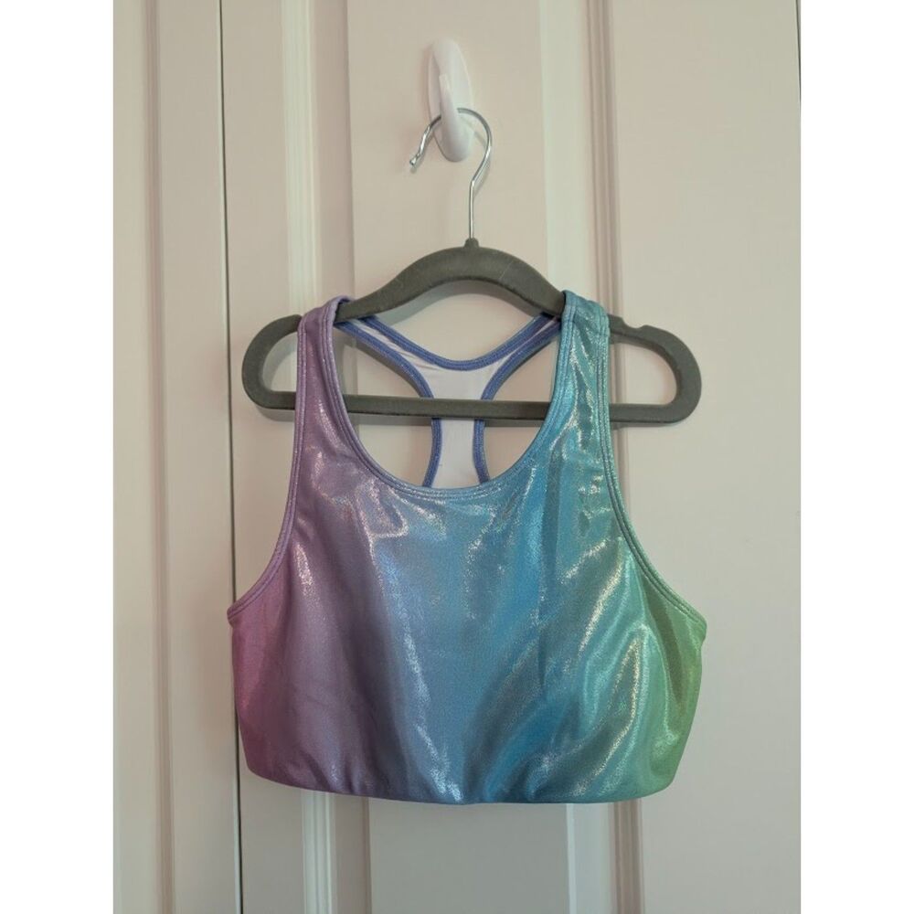 Rebel Athletic shimmery rainbow pastel ombre sports bra YL Cheer dance